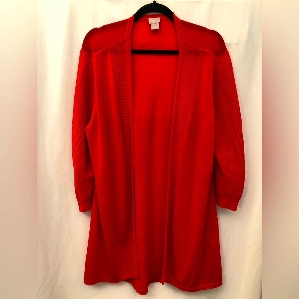 Chicos Open Front Knit Ribbed Trim Orange Cardigan Size 3 or XL